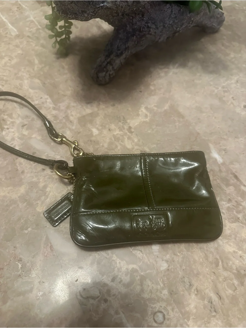Vintage Coach Olive Green Patent Leather Wristlet Bag
